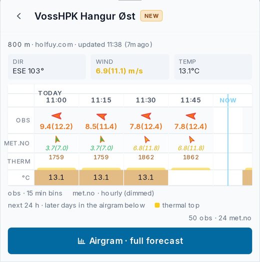 Wind station panel for a launch site, with observations and forecast